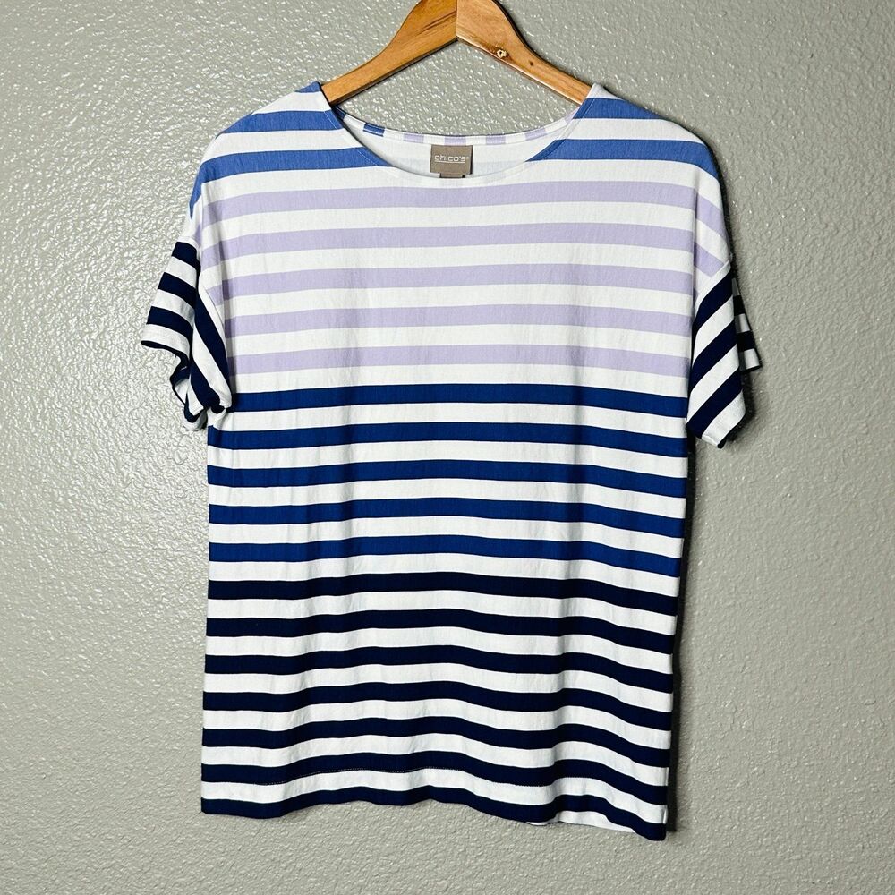 Chico’s striped short sleeve tee medium blue navy purple